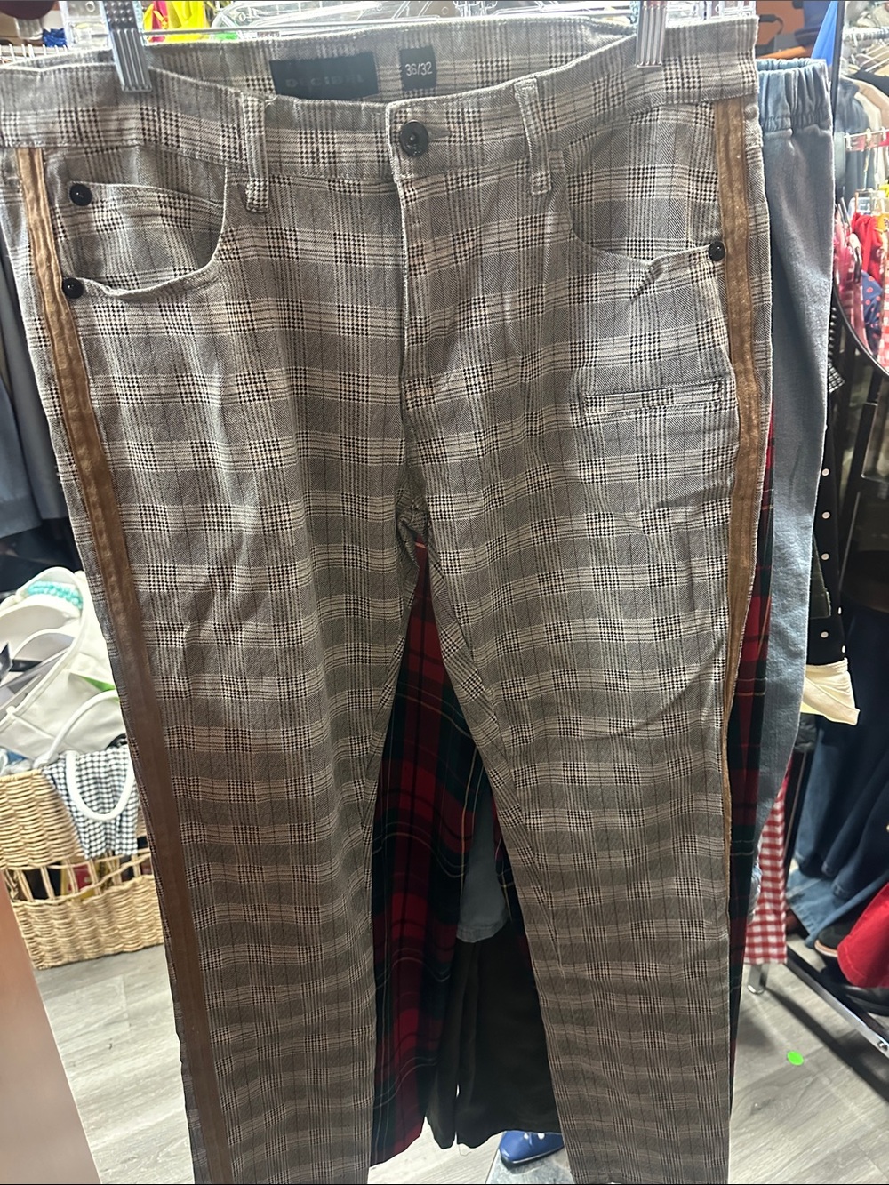 Men's Gray Glen Plaid Chinos with Brown Side Stripe